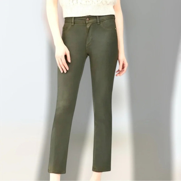 DL1961 Women’s  Mara Straight Mid Rise Instrascuplt Winter Green Coated Jeans - Picture 1 of 9